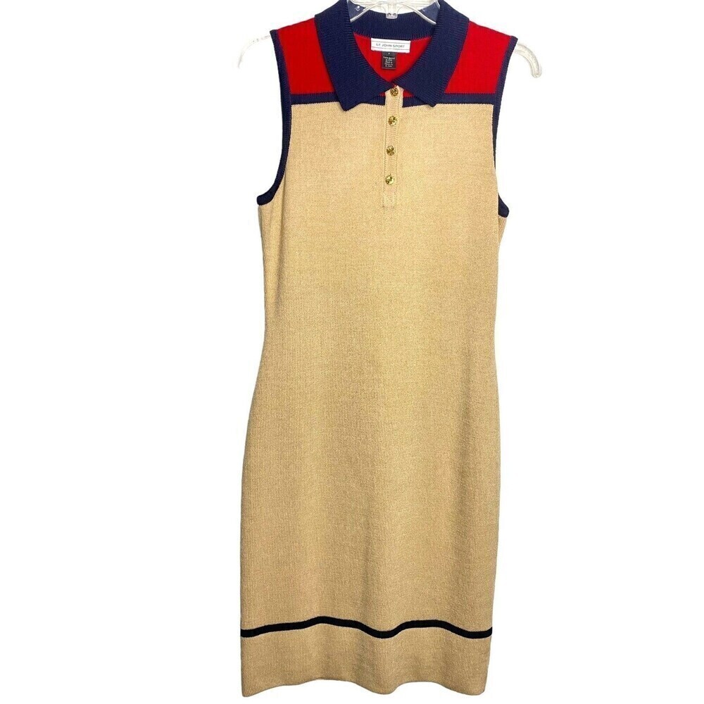 St John Sport Santana Knit Dress Beige latte size 4 Sheath Collar Gold‎ Buttons